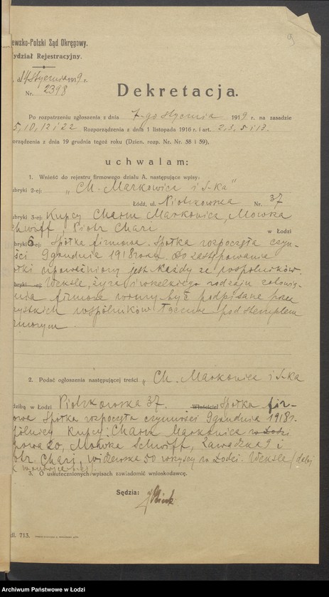 Obraz 11 z jednostki "Chaim Markowicz i S-ka- sprzedaż towarów manufakturowych"