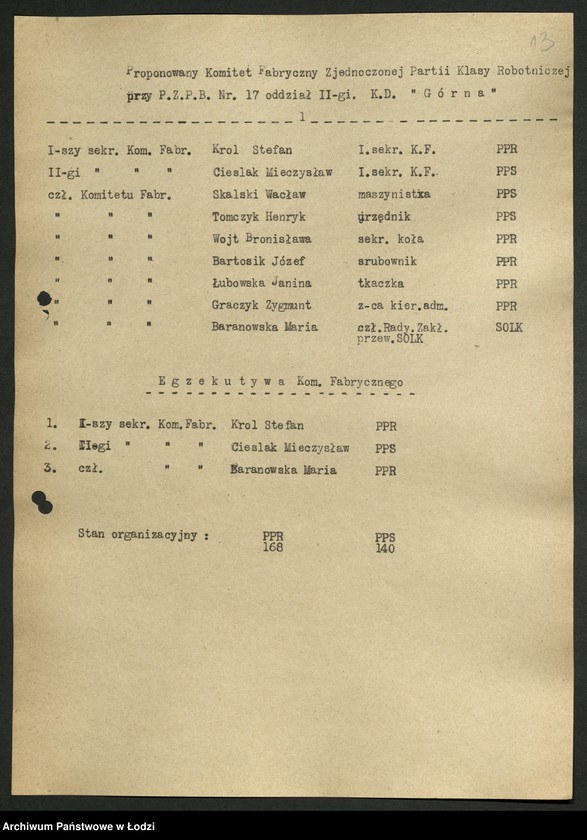 Obraz 14 z jednostki "Proponowane składy komitetów zakładowych [przed zjednoczeniem PPR i PPS]"