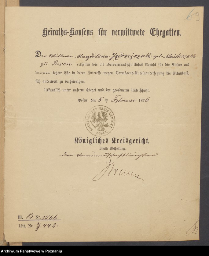 Obraz 11 z jednostki "Die von den Verlobten beigebrachten Urkunden zur Eheschliessung pro 1876"