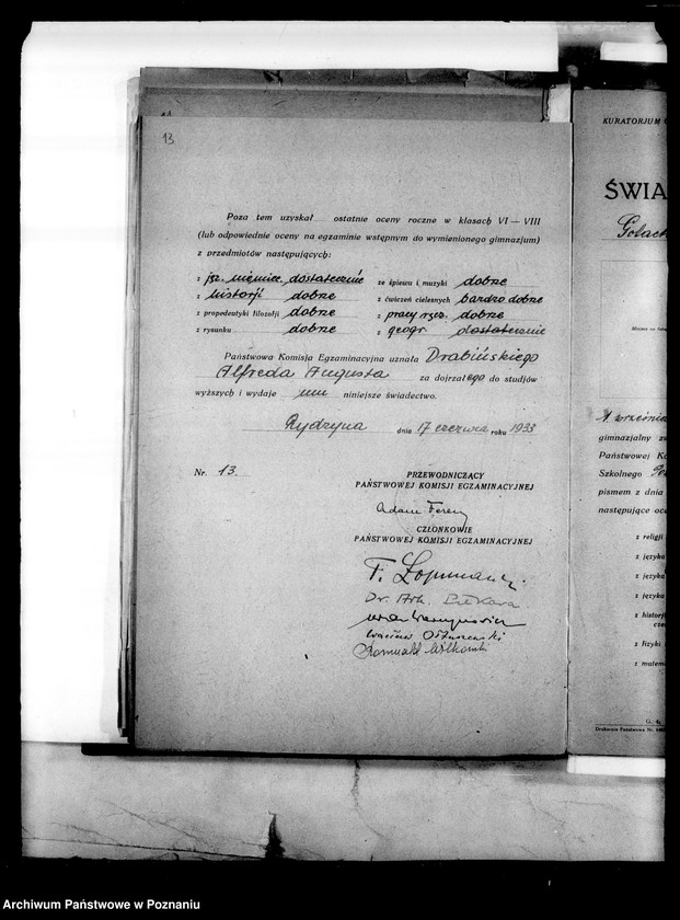 Obraz 16 z jednostki "Prywatne Gimnazjum imienia Sułkowskich w Rydzynie [odpisy świadectw egzaminu dojrzałości 1938 i 1939]"