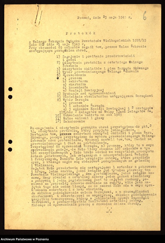 Obraz 9 z jednostki "Współdziałanie Zarządu Głównego Związku Powstańców Wielkopolskich z kołami na terenie miasta Poznania: 1. H.C.P. [1948-1949] 2. Czwartacy [1947-1949] 3. Dziesiątacy [1947-1949] 4. Główna [1946] 5. Górczyn [1946-1949] 6. Jeżyce [1946-1947] 7 Junikowo [1947-1949] 8. Krzyżowniki [1946-1949] 9. 4 Kompania Marynarzy [1948-1949] 10. Im. Fr. Ratajczaka [1947-1948] 11. Śródmieście [1946-1949] 12. Wilda [1947-1949] 13. Dzielnica III Zamek [1947-1949] 14. Żegrze [1947-1949]"