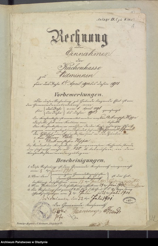 image.from.unit.number "Rechnung über Einnahme und Ausgabe der Kirchenkasse zu Widminnen"