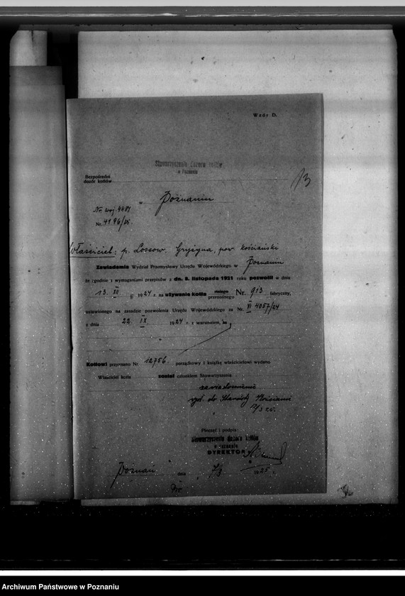 Obraz 20 z jednostki "Majątek Gryżyna pow. kościański, własność Lossow nadzór nad kotłami parowymi"