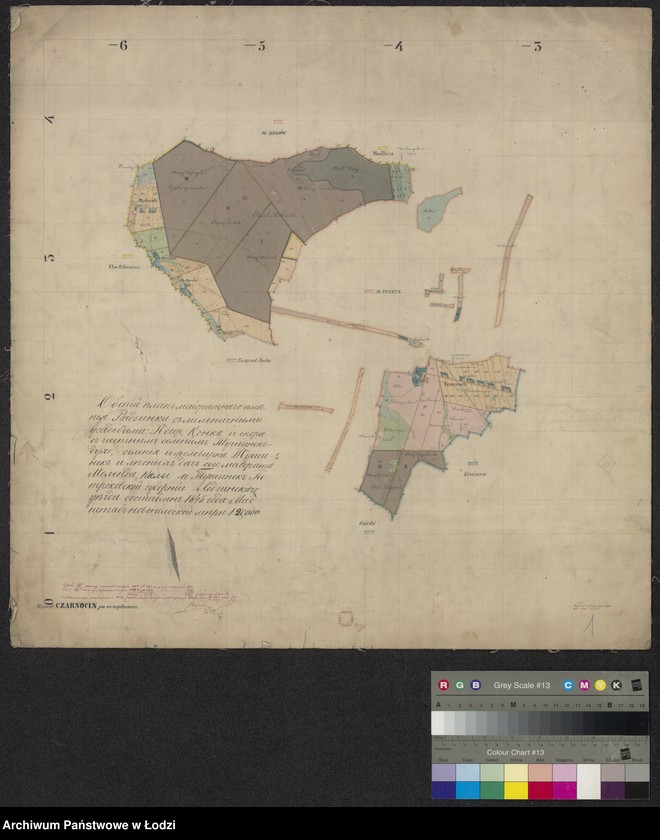 Obraz 1 z jednostki "Общiй планъ маiоратнаго имѣнiя Ридзинки съ мельничными усадьбами: Пыць, Конка и спора съ частнымъ селенiемъ Тушинекъ-духо селенiя и фольварка Тушинекъ и лѣсныхъ дачъ сего маiората: Моленда, Калы и Тушинекъ Петроковской губернiи Лодзинскаго уѣзда"