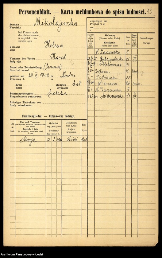 Obraz 16 z jednostki "[Spis ludności Łodzi] Mikołajew - Milchteich"