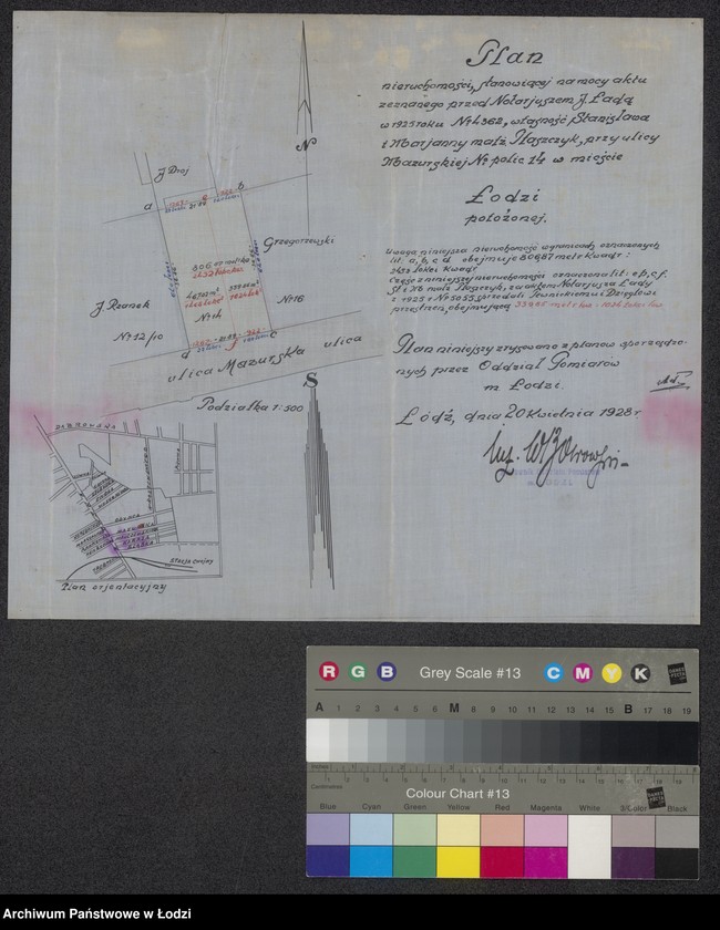 Obraz 1 z jednostki "Plan nieruchomości stanowiącej na mocy aktu zeznanego przed notariuszem Julianem Ładą w 1925 roku numer 4362 własność Stanisława i Marjanny małżonków Ptaszczyk przy ulicy Mazurskiej numer policyjny 14 w mieście Łodzi położonej"