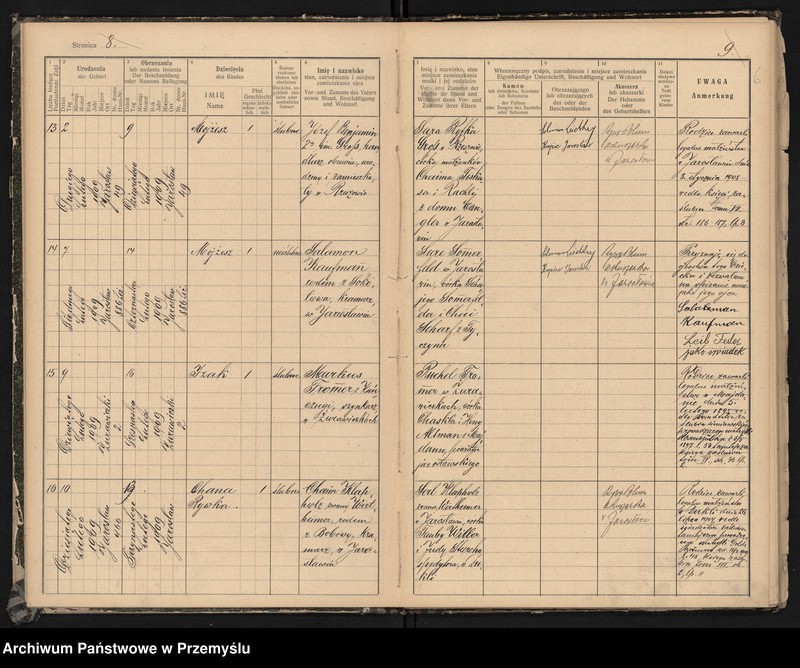 image.from.unit.number "Księga urodzin izr[aelickiego] Urzędu metrykalnego w Jarosławiu 1909"
