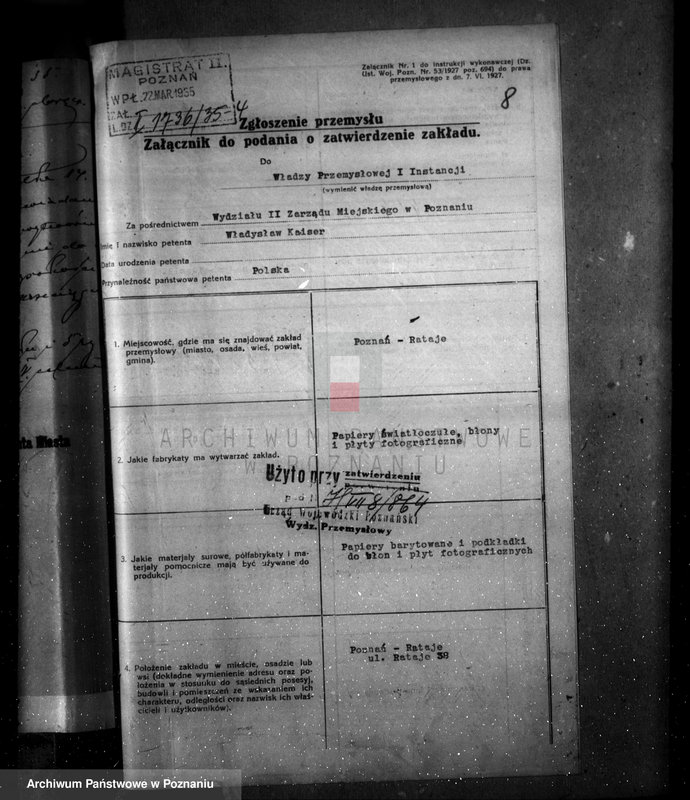 image.from.unit.number "Zatwierdzenie zakładu przemysłowego /wytwórni papirusu i płyt światłoczułych/ własność Kaiser Poznań Rataje"