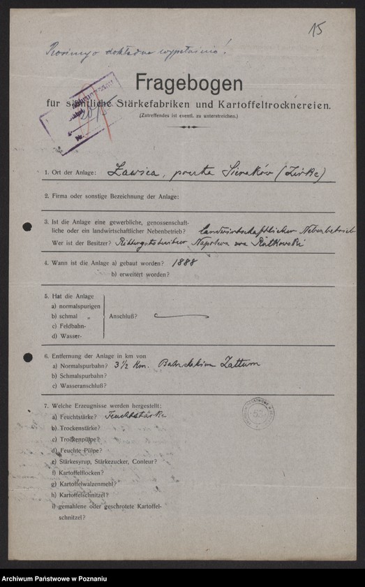 Obraz 17 z jednostki "[Kwestionariusze statystyczne dotyczące suszarni i krochmalni ziemniaków]"