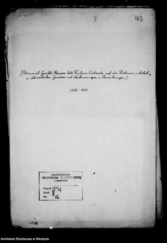 image.from.unit.number "/Patrim.- Gerichts- Recesse betr. Fischerei- Contracte auf die Pristanienschen, Lababer u. Gr. Steinorter Gewässer mit Nachweisungen u. Verrechnungen. Konfirmirt bei der Steinorter Patrimonial Jurisdiction/"