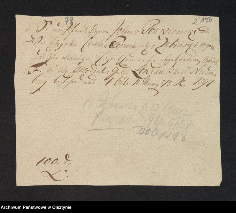 image.from.unit.number "In S. [Sache] der Pfandsbesitzern Johann v. [von] Pokrzywnicki und deßen Ehegathin Caroline Eleonore geboren von Zabienski wegen des zum alleinigen Eigenthum an sie abgetretenen Antheils F im adl. [adeliche] Allodial Gut Lomnau [Łomno] Haupt Amts Neidenburg [Nidzica] bestehend aus 1 Hube 11 Morgen 15 R. [Rute]"