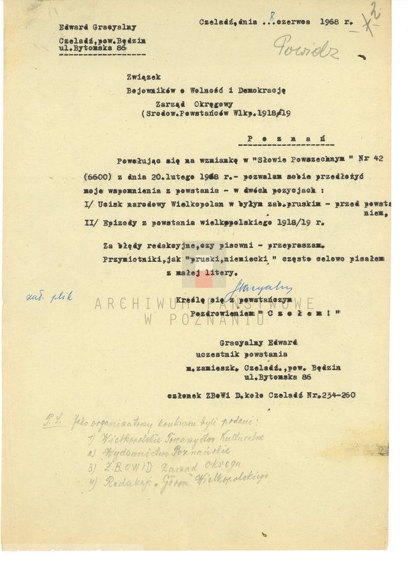 Obraz 7 z jednostki "Relacje i wspomnienia dotyczące powstania wielkopolskiego: 1. Powidz, powiat Gniezno, województwo poznańskie, 2. Przemęt, powiat Wolsztyn, województwo poznańskie."