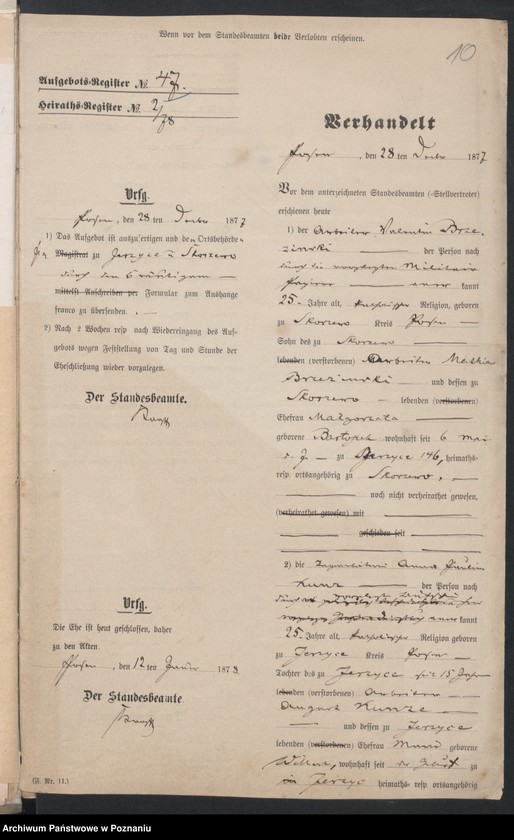 Obraz 12 z jednostki "Acta betreffend die Schrieftstücke nur §§ 28 bis 38,43,45 bis 50,55,65 und 66 der Reichsgesetz vom 6 Januar 1875 zum Heiraths -Register"