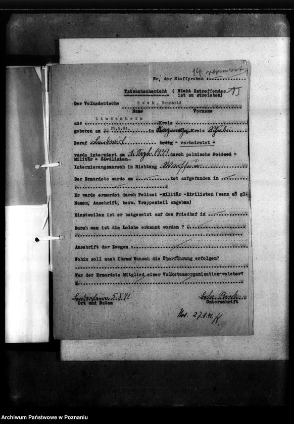 Obraz 18 z jednostki "Kreis Scharnikau (Czarnków). Wykazy miejscowych Niemców, którzy zginęli w 1939 roku - korespondencja"