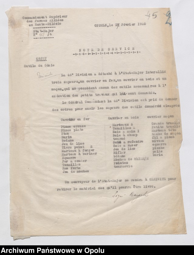 Obraz 7 z jednostki "Materiel du Genie-Outils Couchage et Ameublement-Eclairage-Eau-Materiel de Sport /Korespondencja i zarządzenia w sprawie zaopatrzenia w narzędzia, sypialnie, umeblowanie, oświetlenie.../ 27.01.1920 - 14.08.1921"