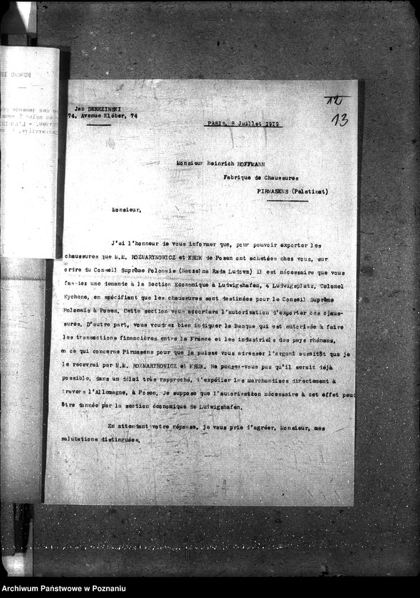 Obraz 19 z jednostki "Territoires Rhenans [korespondencja polskiego przedstawiciela handlowego Derezińskiego]"