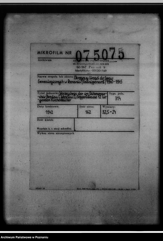 Obraz 2 z jednostki "Verzeichnis der Diözesenarchiv Breslau [Wrocław], Göpperstrasse 12 liegenden Kirchenbücher"