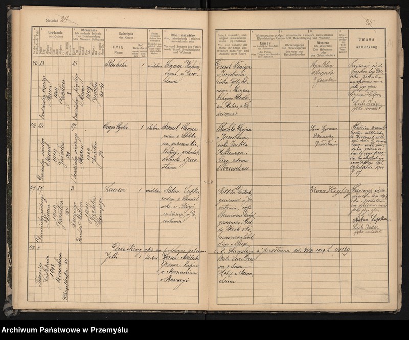 image.from.unit.number "Księga urodzin izr[aelickiego] Urzędu metrykalnego w Jarosławiu 1909"