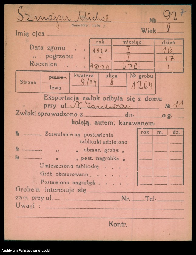 Obraz 8 z jednostki "Kartoteka osób pochowanych na cmentarzu żydowskim przy ulicy Brackiej w latach 1892-1957. Nazwiska na litery: Szn-Szt"