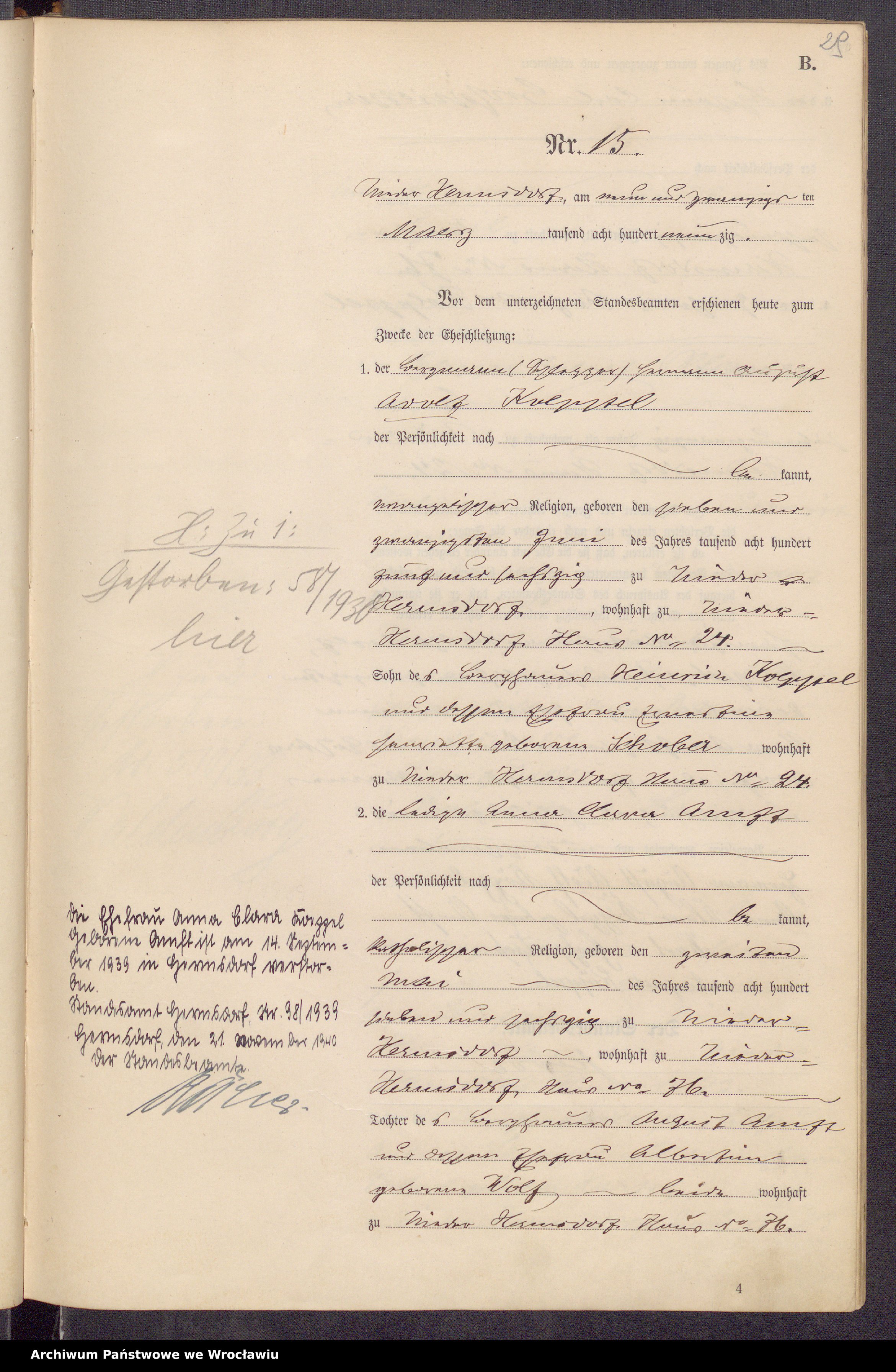 Skan z jednostki: Księga małżeństw USC w Sobięcinie (Nieder Hermsdorf) 1890 t.01