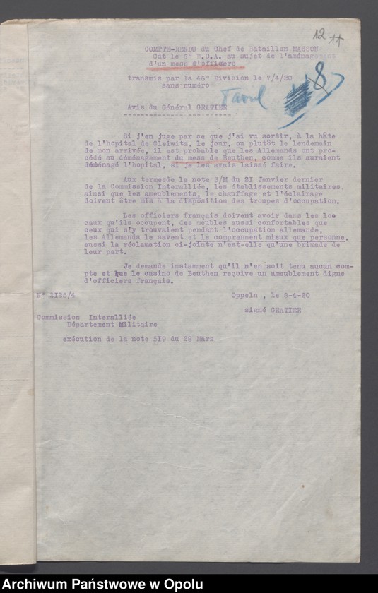 Obraz 14 z jednostki "Materiel du Genie-Outils Couchage et Ameublement-Eclairage-Eau-Materiel de Sport /Korespondencja i zarządzenia w sprawie zaopatrzenia w narzędzia, sypialnie, umeblowanie, oświetlenie.../ 27.01.1920 - 14.08.1921"