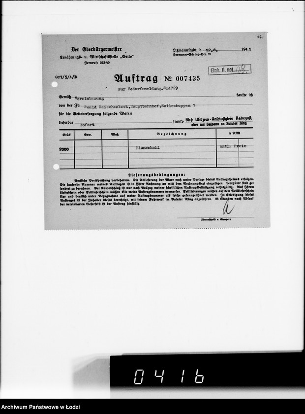 Obraz 20 z jednostki "[Upoważnienia do odbioru produktów żywnościowych i innych materiałów dostarczanych dla Getta] Auftragskopien"