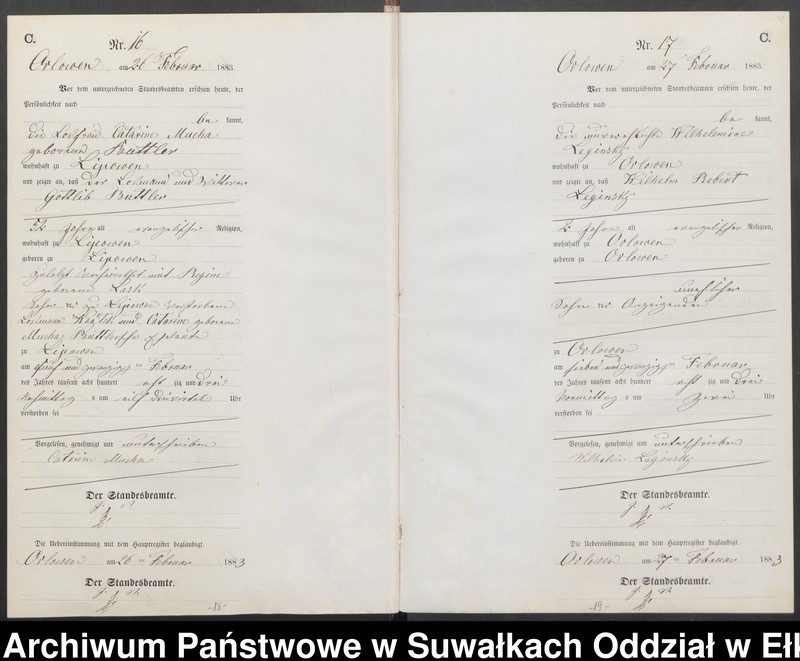 Obraz 13 z jednostki "Sterbe-Neben-Register des Preussischen Standes-Amtes Orlowen Kreis Loetzen für das Jahr 1883"