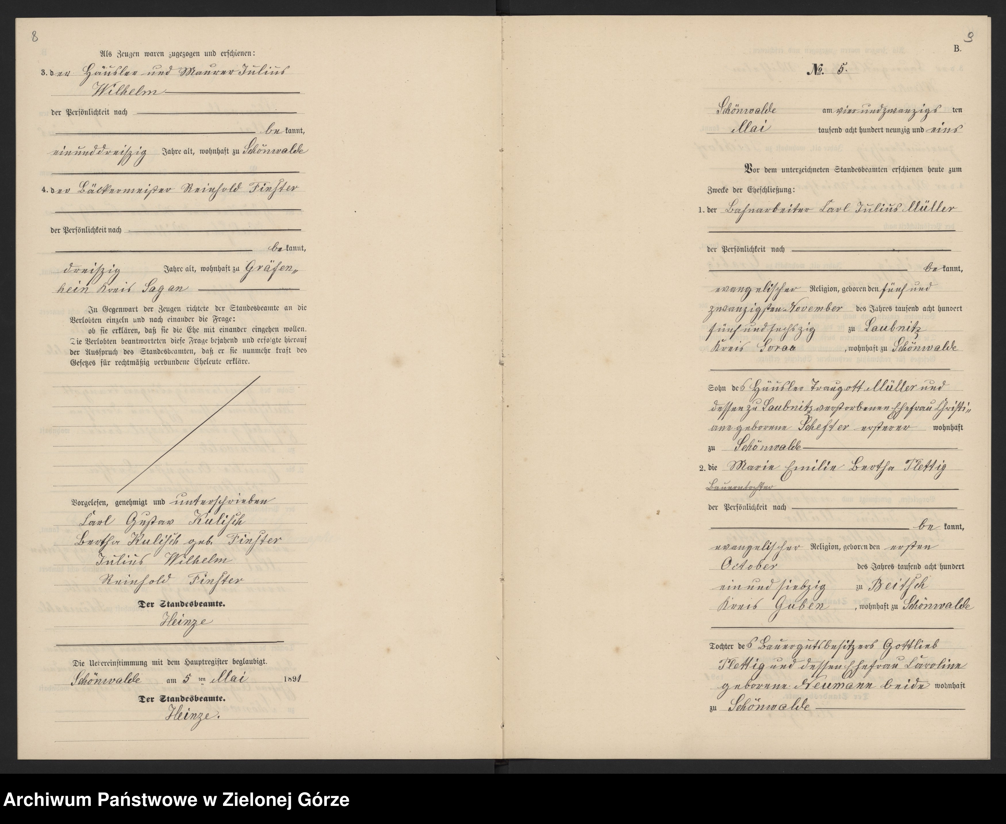 Skan z jednostki: Heiraths-Neben-Register im Standes-Amt Schönwalde Kreis Sorau 1891