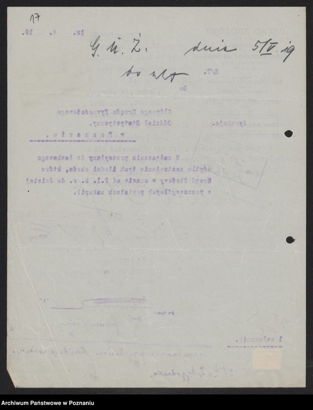 Obraz 19 z jednostki "[Sprawozdania Urzędu Zbożowego w Poznaniu dla Departamentu Aprowizacji byłej Dzielnicy Pruskiej]"