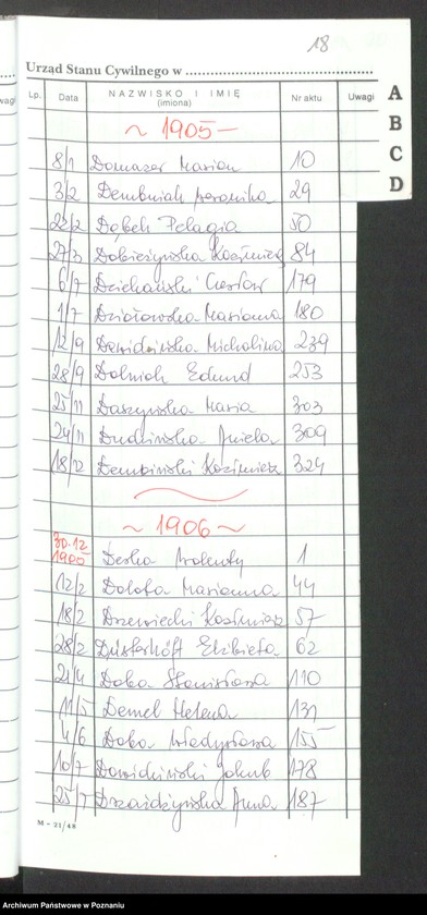 Obraz 13 z jednostki "[Skorowidz alfabetyczny do akt urodzeń za lata 1905-1912]"