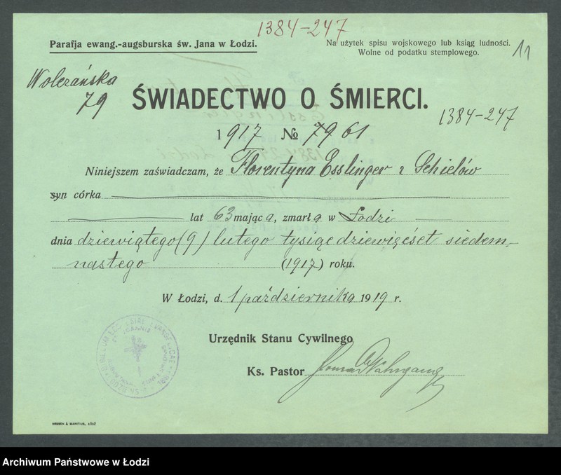 Obraz 13 z jednostki "Dowody metrykalne stałych mieszkańców m. Łodzi nr domu 1384"