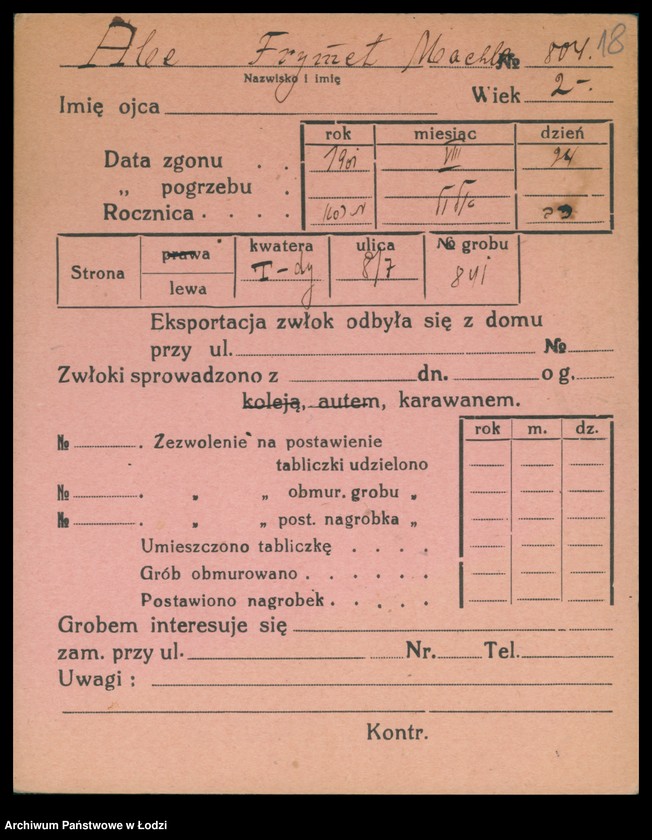 Obraz 19 z jednostki "Kartoteka osób pochowanych na cmentarzu żydowskim przy ulicy Brackiej w latach 1892-1959. Nazwiska na literę A"
