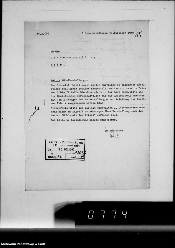 Obraz 19 z jednostki "Ausgelieferte und bezahlte Kommisionen Konto 1-6. [Wnioski na meble biurowe w zakładzie Getta w Łodzi]"