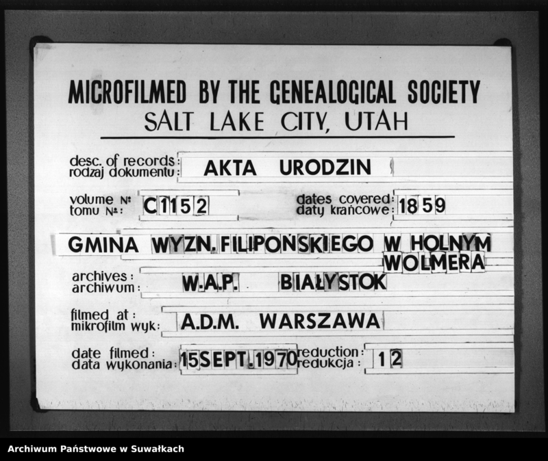 Obraz 1 z jednostki "Duplikat Aktów Zaślubionych, Urodzonych i Zmarłych Filiponów w Gminie Hołny Wolmerowskie na rok 1859"