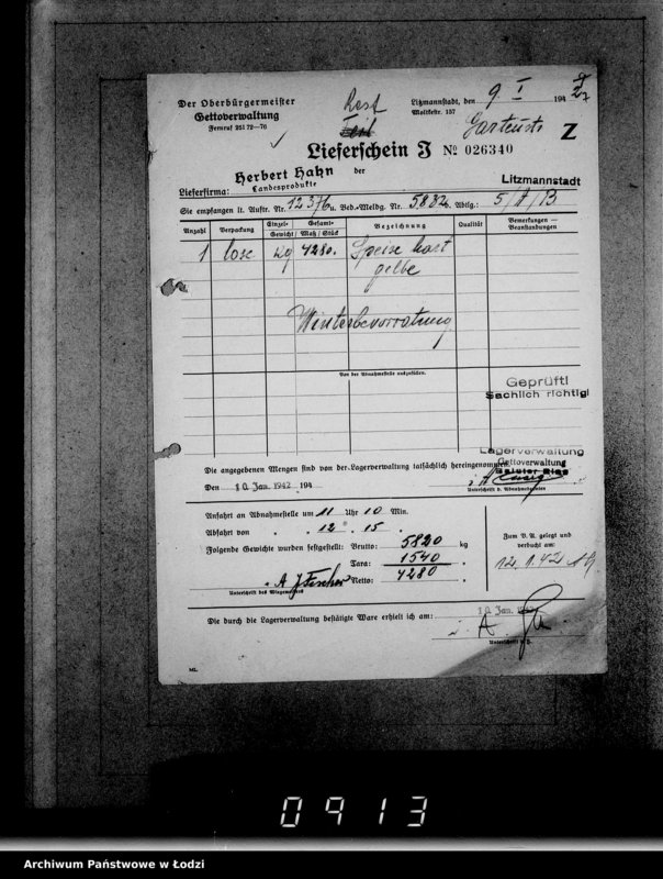 Obraz 11 z jednostki "Aufträge [Lieferscheinen und Rechnungen] 12321-12376 Lebensmitteleinkauf 5/Mü [Dostawa żywności dla Getta i dla obozu cygańskiego]"