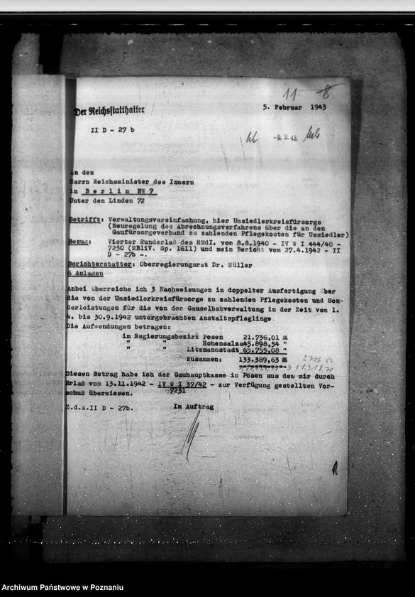 Obraz 15 z jednostki "Pflegekosten und Sonderleistungen für in den Gauheilanstalten untergebrachte Geisteskranke usw.aus der Umsiedlerkreisfürsorge"