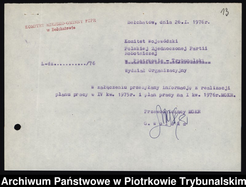 Obraz 20 z jednostki "[Protokoły z posiedzeń Egzekutywy Komitetu Miejsko-Gminnego PZPR w Bełchatowie]"