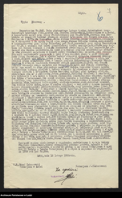 Obraz 9 z jednostki "Mojżesz Goździk, Beniamin Goździk, Abram Jakub Goździk, Mendel Wolf Cytner- sprzedaż manufaktury"