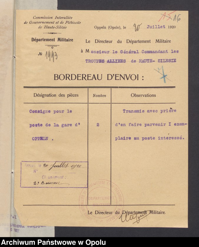 Obraz 18 z jednostki "Commandement Superieur des Forces Alliees en Haute-Silesie-Entrees /Korespondencja wpływająca pochodząca od władz wyższych i jednostek podległych/ 29.06.1920 - 30.10.1920"