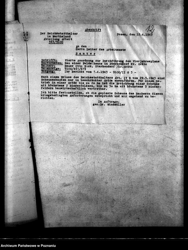 Obraz 16 z jednostki "Betriebsstoffzuteilungen für Kraftfahrzeuge. Regelung der Bauwirtschaft. Bauverbot. Lückenbebauung Posen. Behelfsbauten für Molkereien."