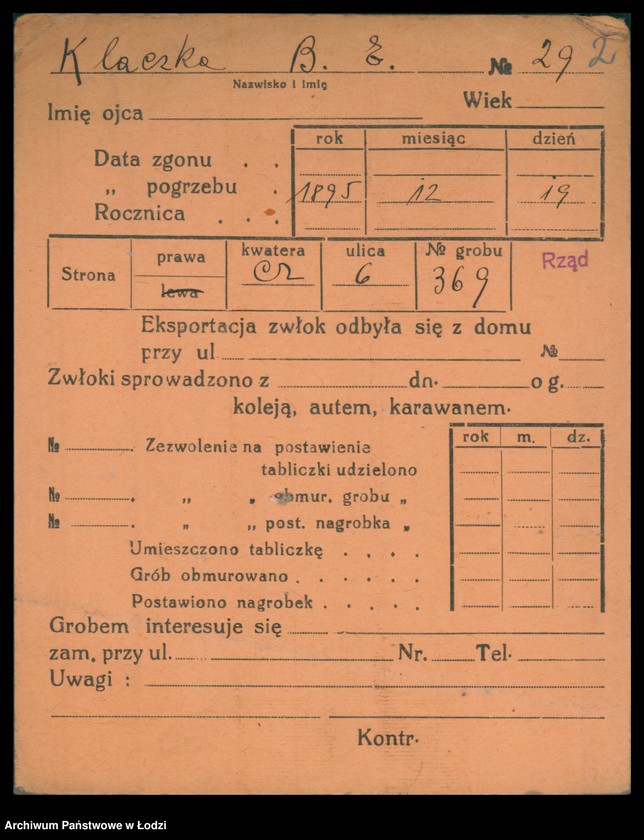 Obraz 3 z jednostki "Kartoteka osób pochowanych na cmentarzu żydowskim przy ulicy Brackiej w latach 1892-1959. Nazwiska na litery: Kl-Kn"