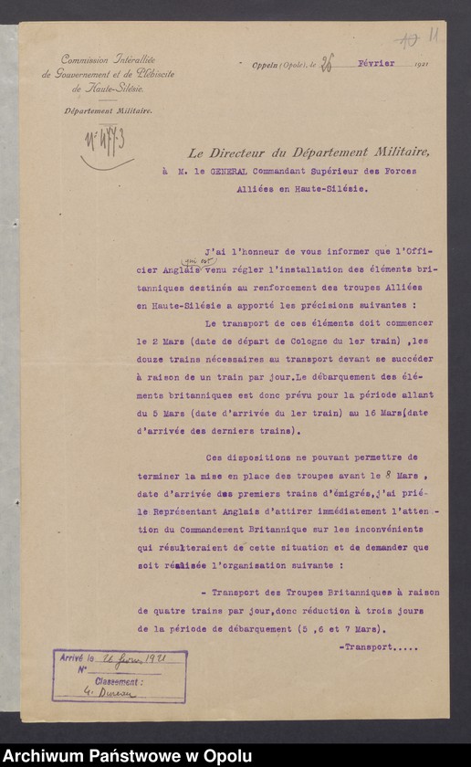 Obraz 14 z jednostki "Entress /Korespondencja wpływająca pochodząca od władz wyższych i jednostek podległych - pisma, instrukcje/ 15.02.-13.04.1921"