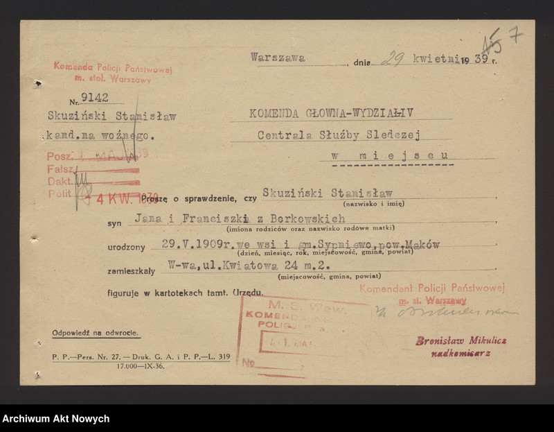 image.from.unit.number "Przyjęcie do służby w Policji Państwowej Stanisława Skuzińskiego. Korespondencja."