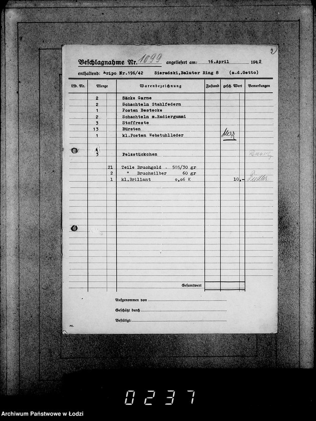 Obraz 6 z jednostki "Kripo 911-1100 [Kartoteka skonfiskowanego majątku ruchomego u Żydów]"