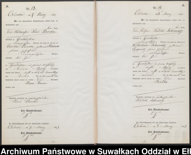 Obraz 14 z jednostki "Geburts-Neben-Register des Preussischen Standes-Amtes Orlowen Kreis Loetzen für das Jahr 1883"