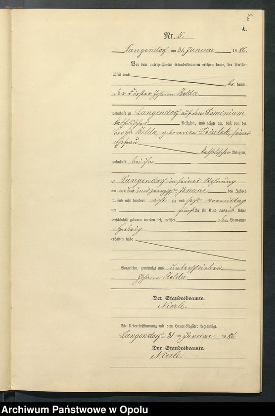 Obraz 9 z jednostki "Geburts-Neben-Register des Standesamts Langendorf pro 1886"