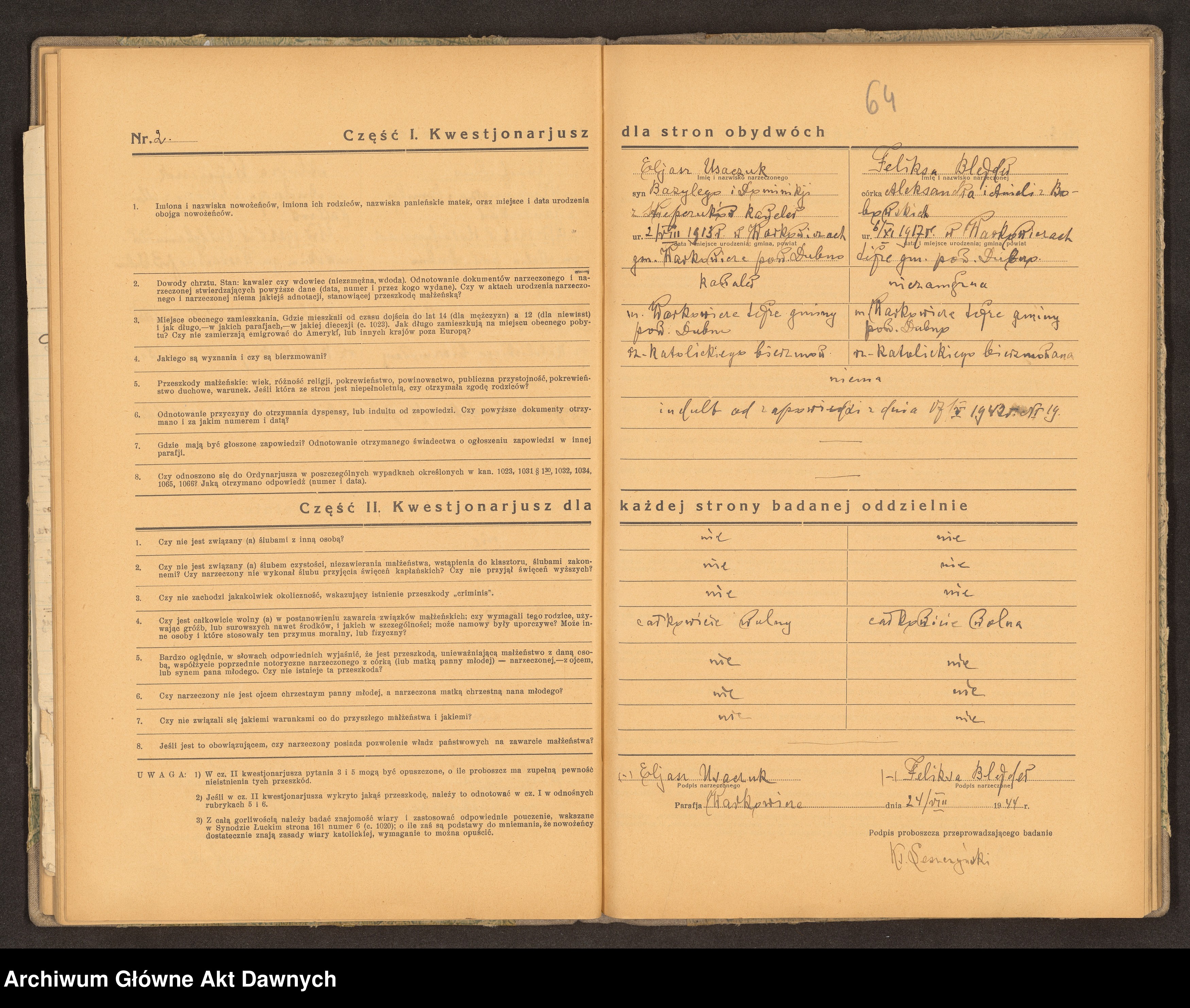 Skan z jednostki: Parafia: Warkowicze. Dekanat: Dubno. Księga egzaminów przedślubnych złożonych w parafii.