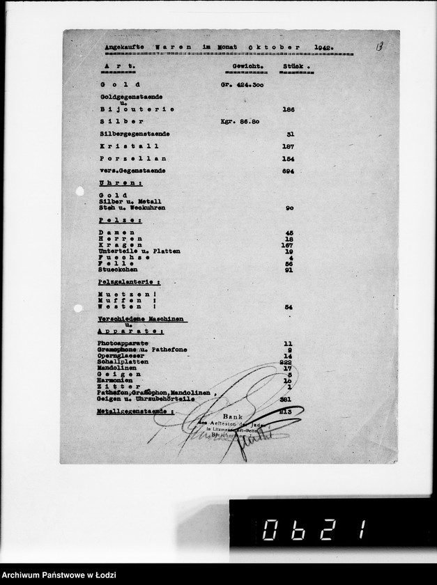 Obraz 18 z jednostki "Monatliche Warenbestandsmeldungen der Bankabteilung des Judenältesten"