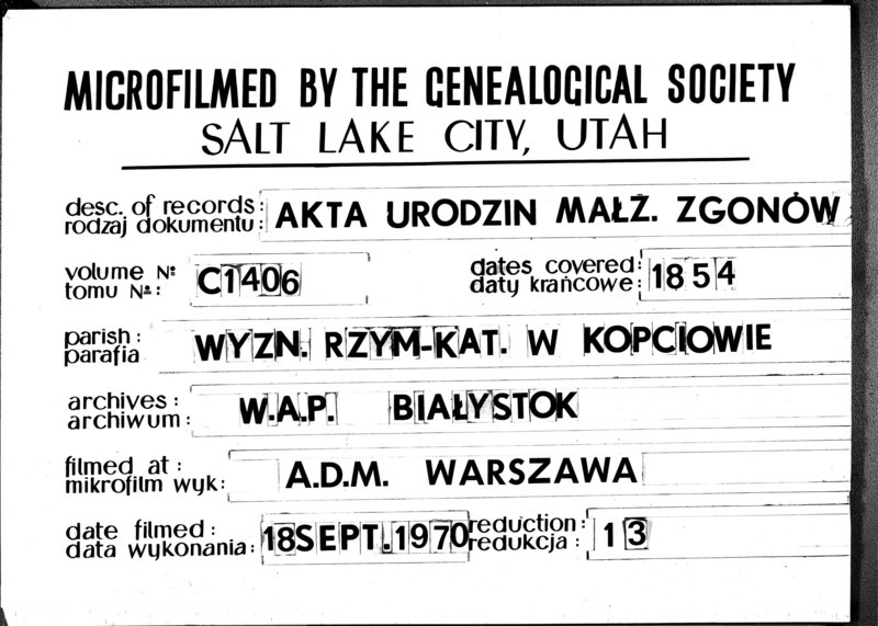 image.from.unit.number "Duplikat Aktów Urodzenia, Małżeństwa i Zeyscia Parafia Kopciowo z Roku 1854"