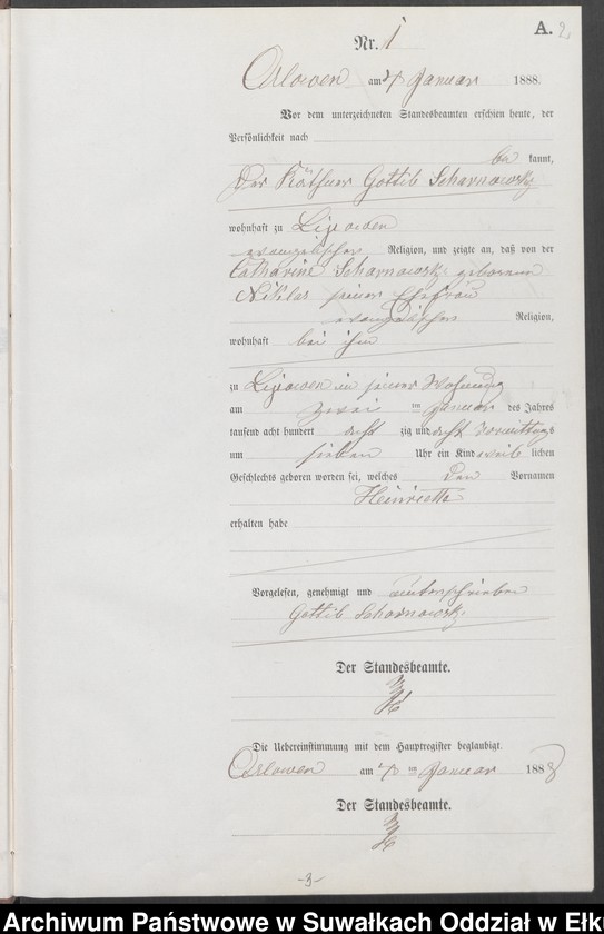 image.from.unit.number "Geburts-Neben-Register des Preussischen Standes-Amtes Orlowen Kreis Loetzen für das Jahr 1888"